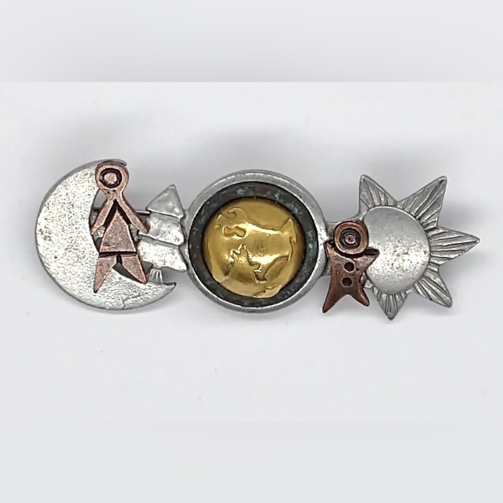 Vintage Moon, Earth and Sun Brass Brooch